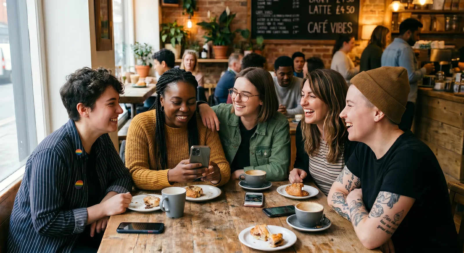 Diverse group of lesbian and queer women laughing together at a café — the Verve sapphic community app